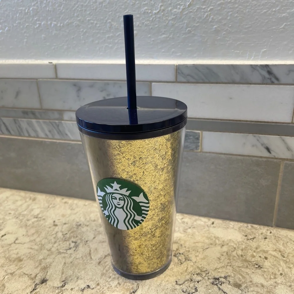 Never Used Starbucks‎ Holiday 2020 gold navy blue glitter tumbler